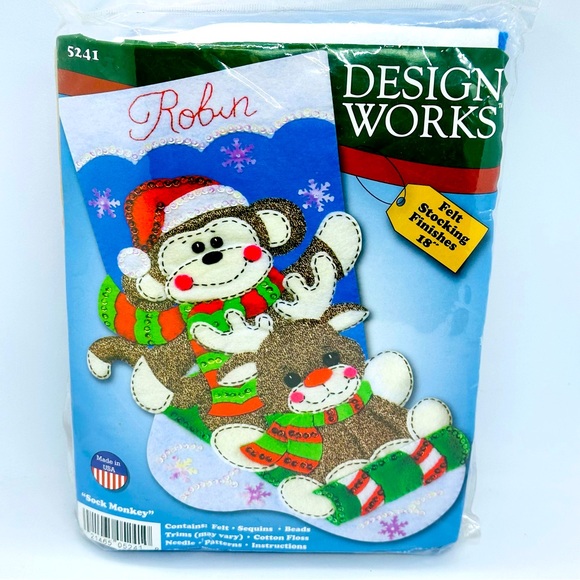 Design Works SOCK MONKEY Felt Embroidery Stocking Kit 18 Inch Stocking #5241 NOS - Picture 1 of 8